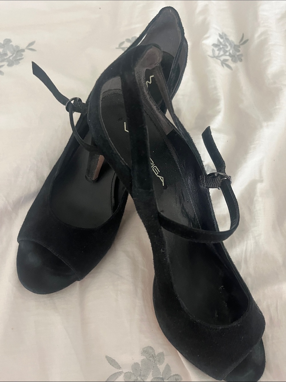 Via Spiga Black Suede Peep-Toe Ankle-Strap Heels